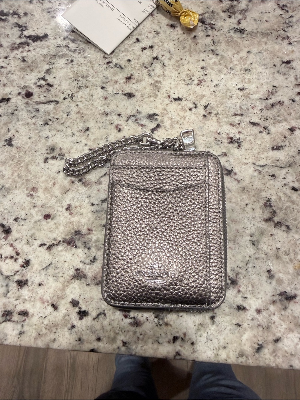 Coach Metallic Pebbled Leather Card Pouch with Chain - Silver
